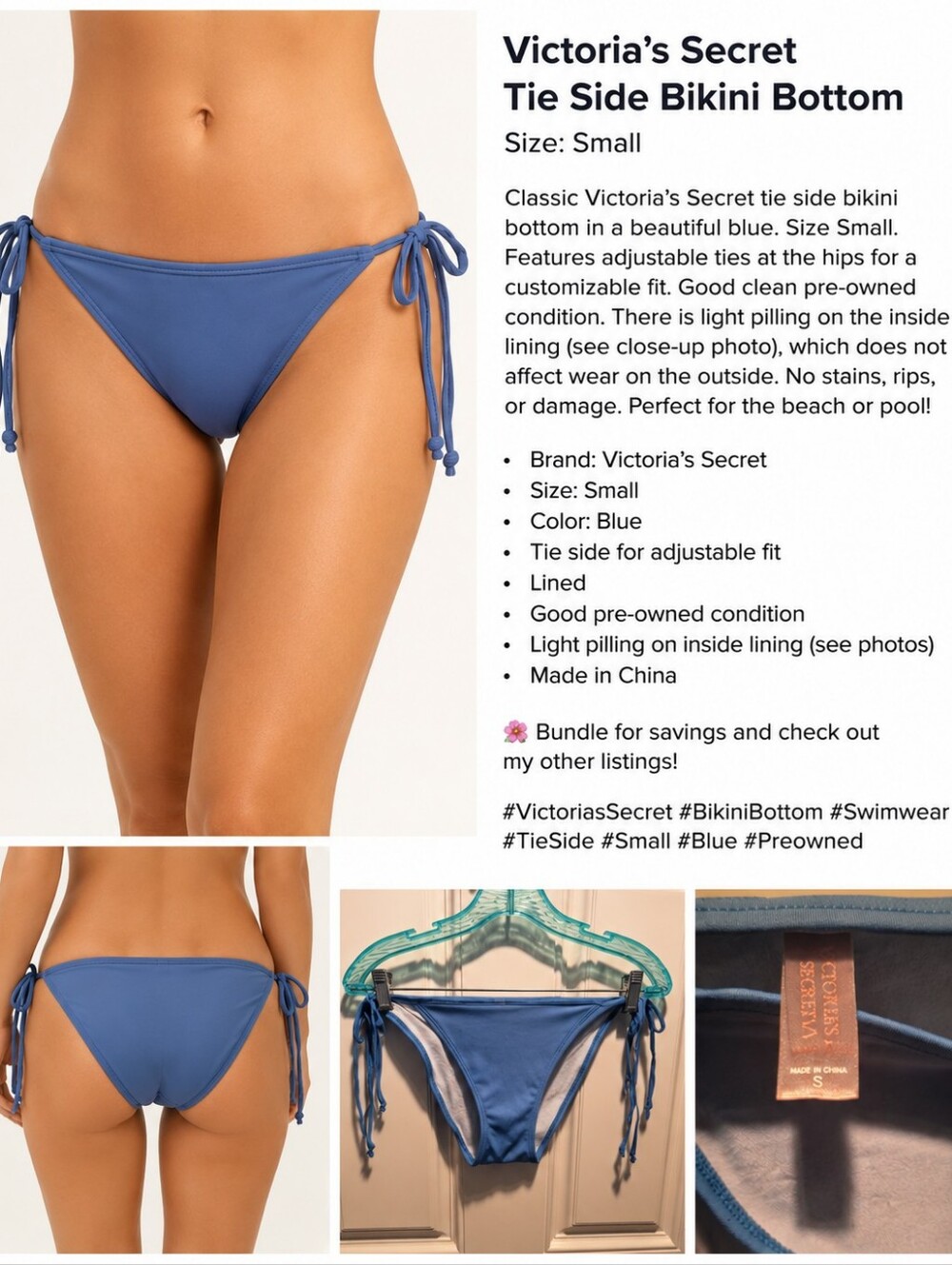 S - Victoria's Secret Blue Tie-Side Bikini Bottoms